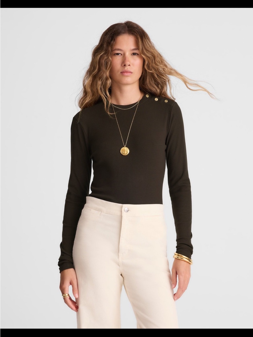 Madewell Women's Long-Sleeve Ribbed Gold Button Crew Neck Top